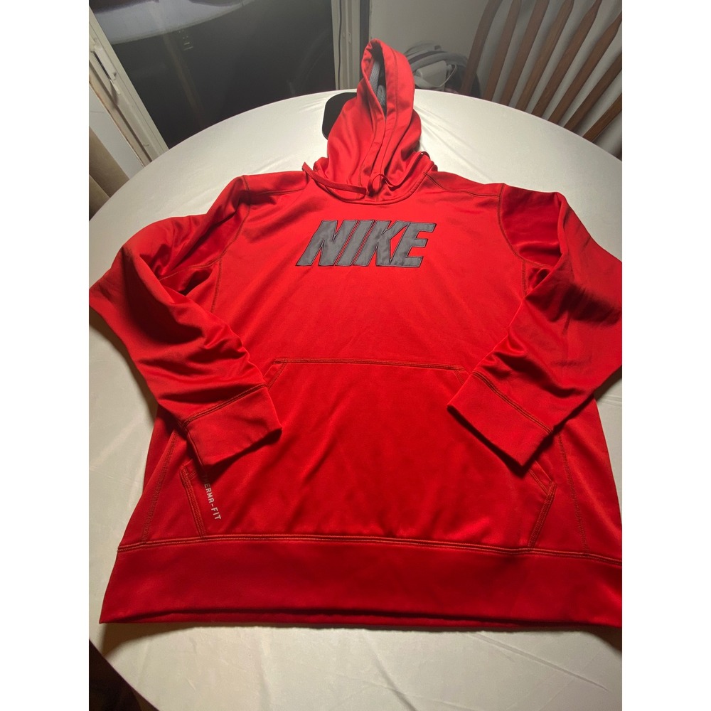 Nike Therma-FIT Mens XL Red Pullover Hoodie Grey Spellout Logo 418487-648